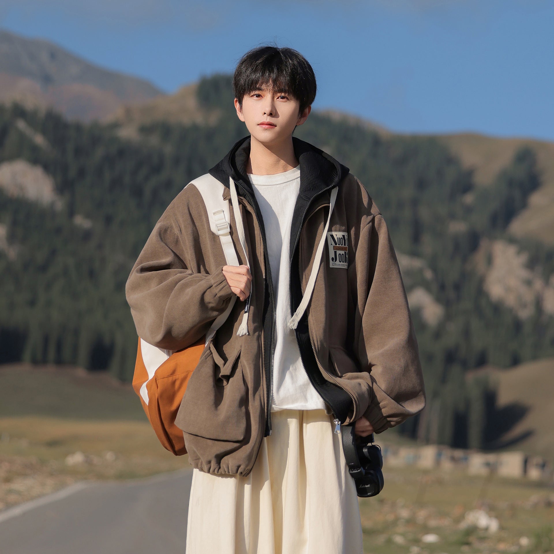 2025 Autumn New Large Size Men's Jackets Fashion Loose Hooded Fake Two-Piece Jackets Trendy Label Tops for Men