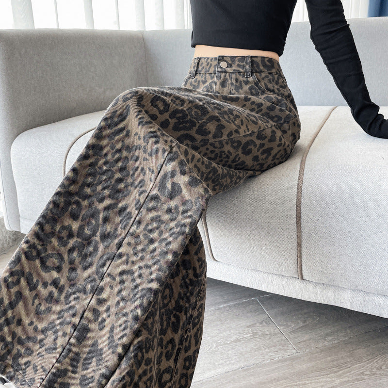 American-Style Leopard Print Work Jeans for Women, Spring and Autumn 2025 New High-Waisted Slimming Straight Narrow Casual Wide-Leg Pants