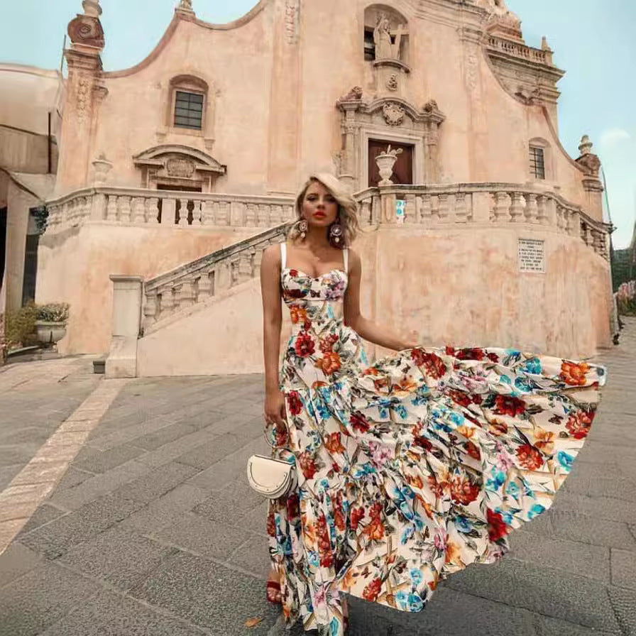 2025 Summer European and American Export New Women's Clothing Wish Amazon Sexy Sleeveless Suspender Long Skirt Printed Dress