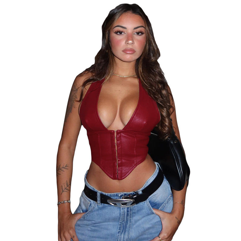 European and American Cross-Border Women's Fashion Spring/Summer Short-Sleeve New Style Spicy Girl Style Sexy Slim-Fit Pu Halter Neck Buckle Hot Tank Top Camisole