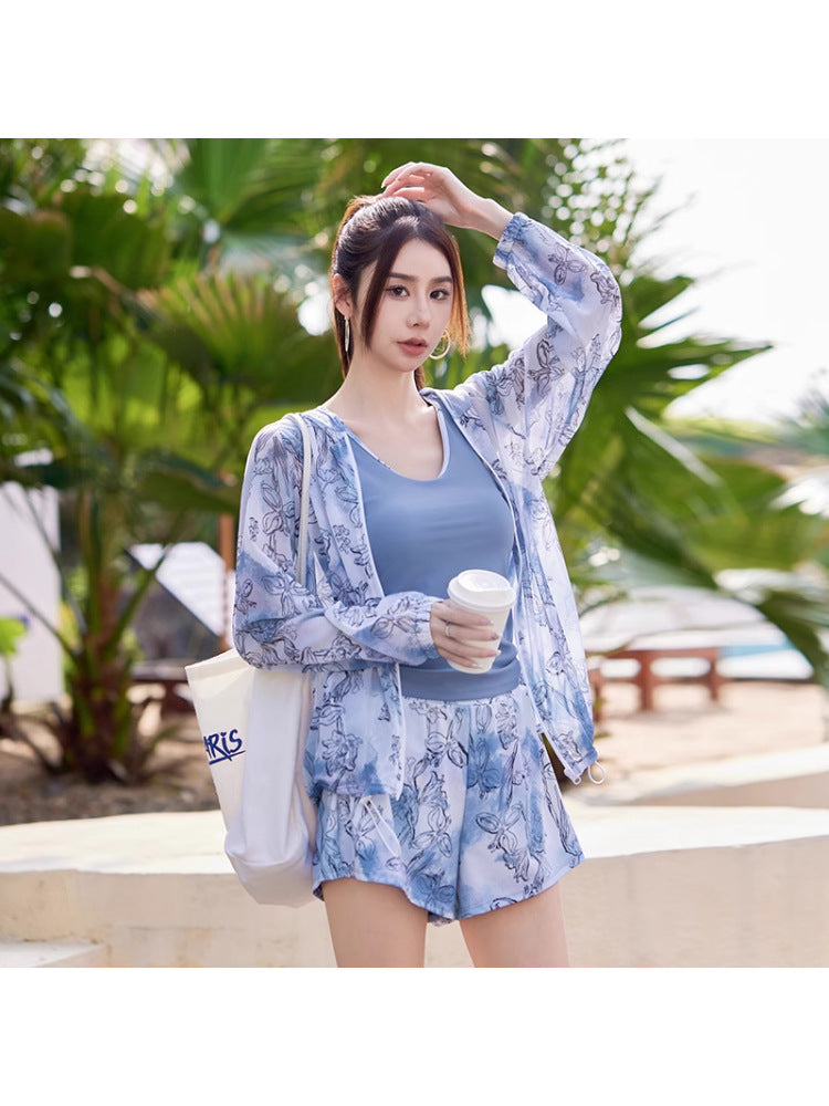 Plus-Size Sports Two-Piece Swimsuit for Women, Three-Piece Set for Curvy Figures, Tummy-Concealing, Slimming, Conservative Student Hot Spring Long-Sleeve Cover-Up