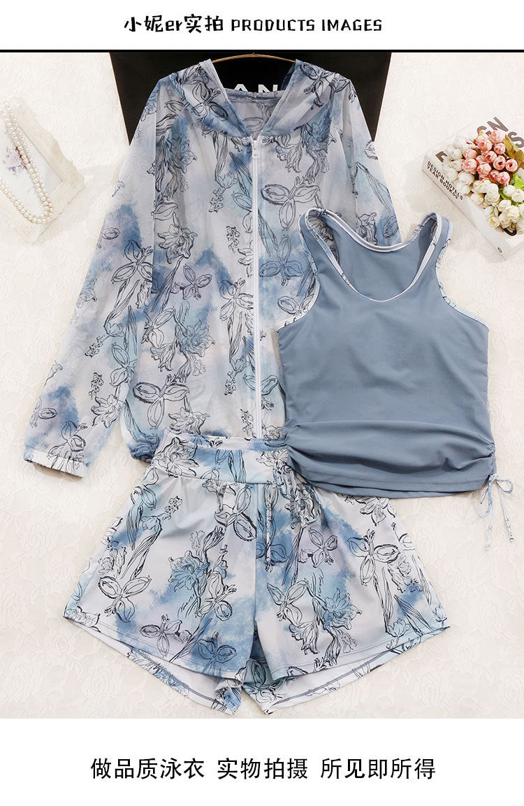Plus-Size Sports Two-Piece Swimsuit for Women, Three-Piece Set for Curvy Figures, Tummy-Concealing, Slimming, Conservative Student Hot Spring Long-Sleeve Cover-Up