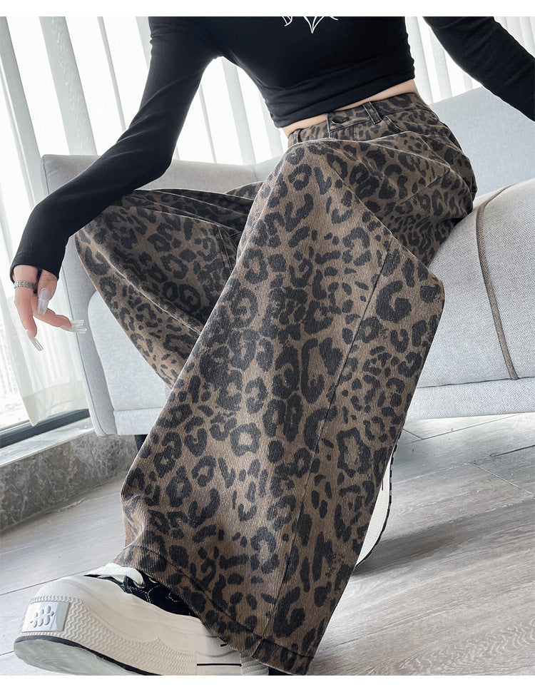 American-Style Leopard Print Work Jeans for Women, Spring and Autumn 2025 New High-Waisted Slimming Straight Narrow Casual Wide-Leg Pants