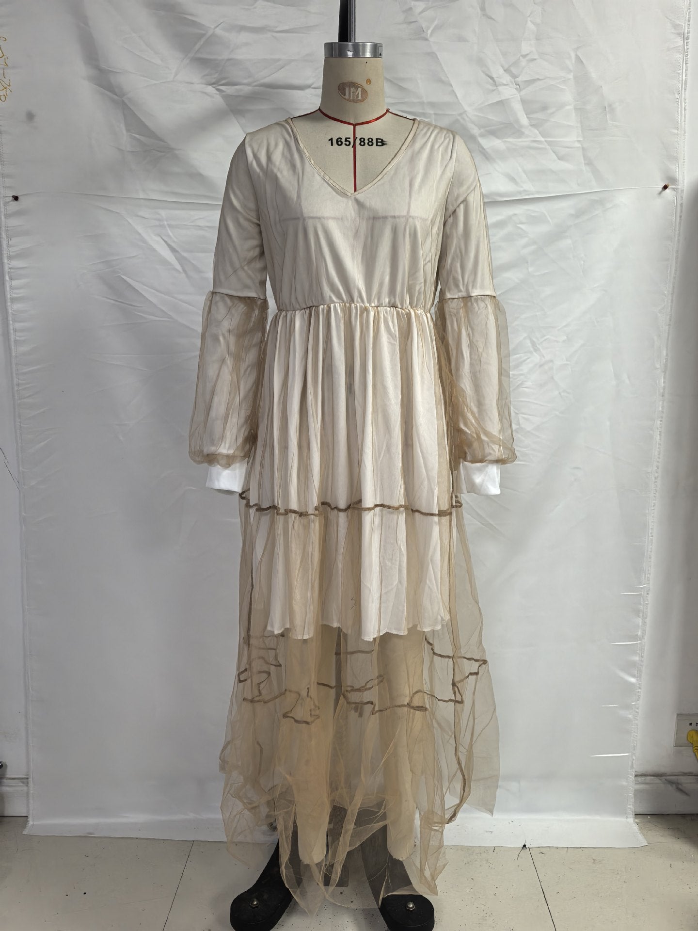 2025 Cross-Border Xia Xin Foreign Trade Amazon European and American Fashion Deep V-Neck Puff Sleeve Mesh See-Through Dress Long Skirt