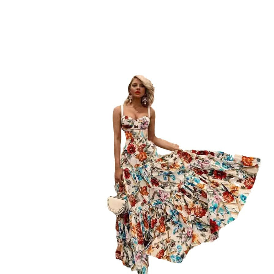 2025 Summer European and American Export New Women's Clothing Wish Amazon Sexy Sleeveless Suspender Long Skirt Printed Dress