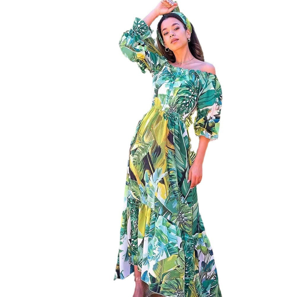 2025 Cross-Border New Spring and Summer European and American Women's Dress Printed One-Shoulder Slimming Look Elegant Commuter Long Skirt