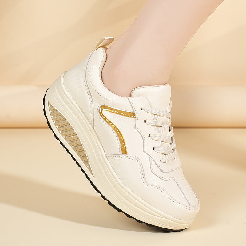 Genuine Leather Casual Sports Shoes, Thick-Soled Rocking Shoes, Height-Increasing Shoes, Sports Shoes, Cross-Border Mom Shoes, Spring and Autumn New Commuter Shoes