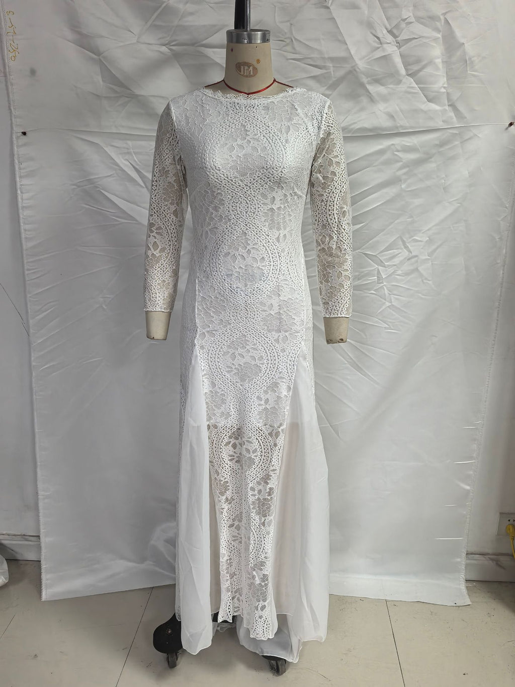 2025 Spring New European and American Women's Celebrity Banquet Wedding Dress Round Neck Long Sleeve Printed Backless Lace Dress