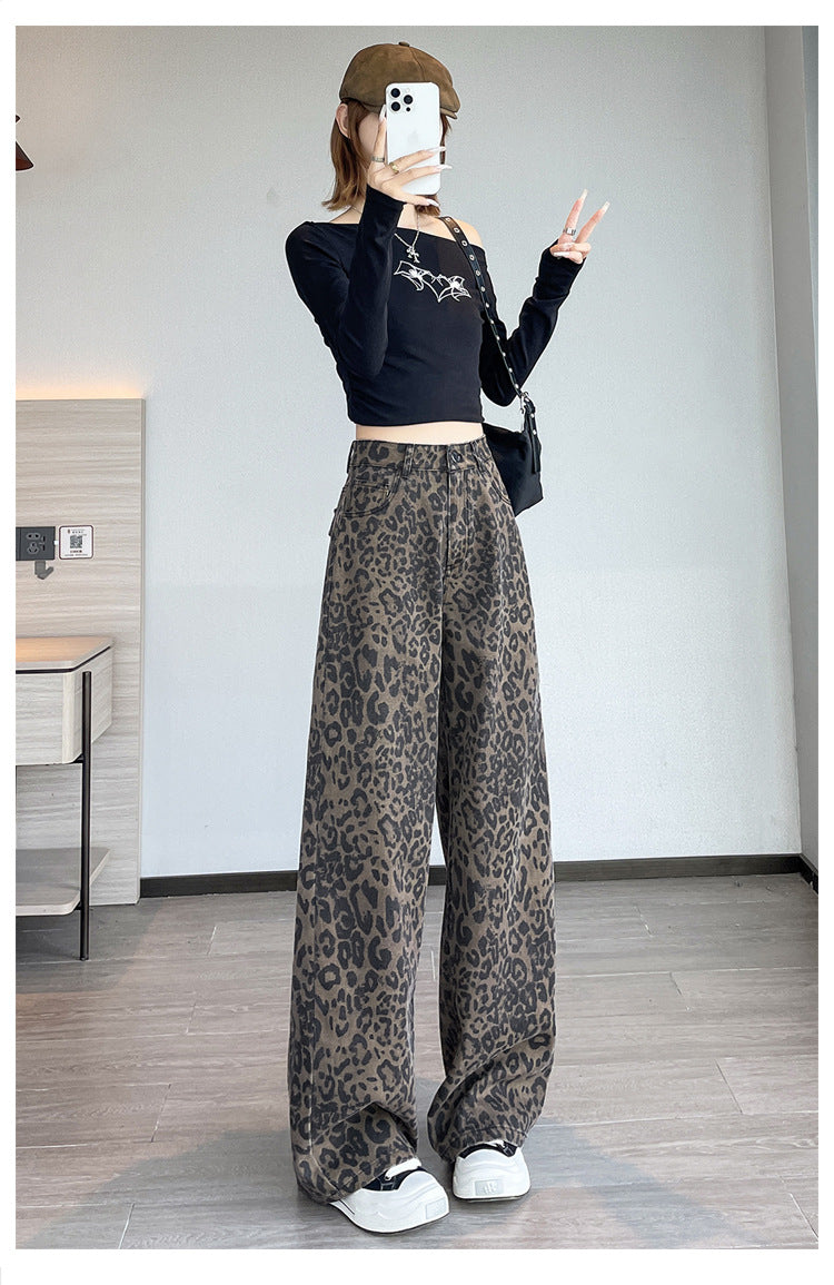 American-Style Leopard Print Work Jeans for Women, Spring and Autumn 2025 New High-Waisted Slimming Straight Narrow Casual Wide-Leg Pants