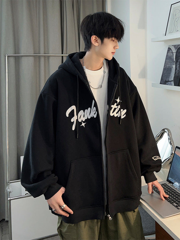 Plus Size Spring and Autumn New Heavy Hooded Cardigan Sweatshirt with Letter Embroidery, Oversized Casual Men's Jacket