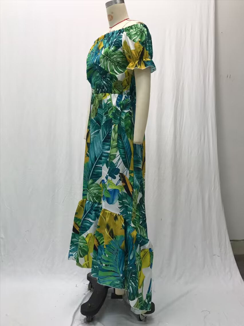 2025 Cross-Border New Spring and Summer European and American Women's Dress Printed One-Shoulder Slimming Look Elegant Commuter Long Skirt