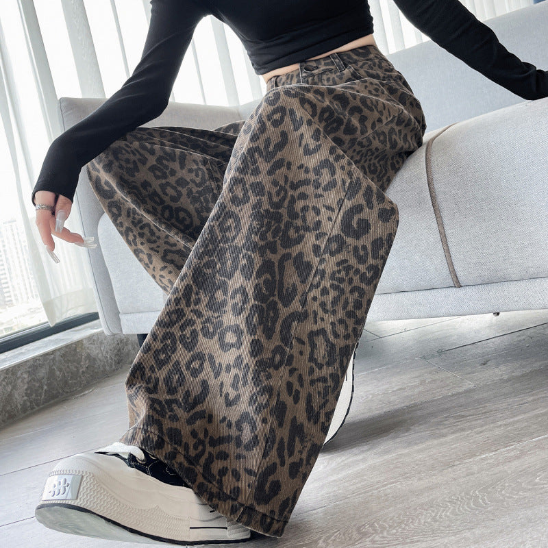 American-Style Leopard Print Work Jeans for Women, Spring and Autumn 2025 New High-Waisted Slimming Straight Narrow Casual Wide-Leg Pants