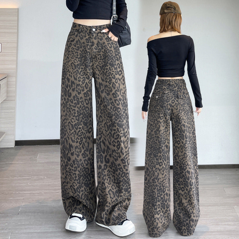 American-Style Leopard Print Work Jeans for Women, Spring and Autumn 2025 New High-Waisted Slimming Straight Narrow Casual Wide-Leg Pants