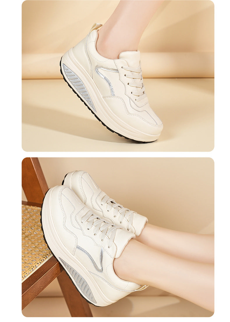 Genuine Leather Casual Sports Shoes, Thick-Soled Rocking Shoes, Height-Increasing Shoes, Sports Shoes, Cross-Border Mom Shoes, Spring and Autumn New Commuter Shoes
