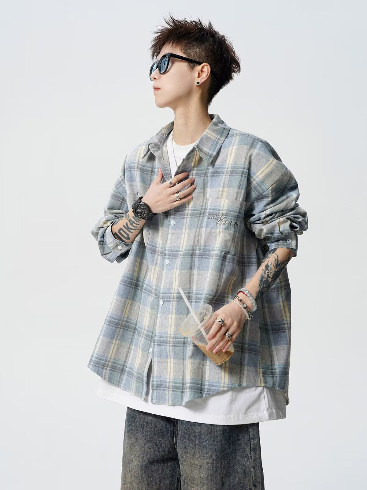 Spring and Autum Cotton Large Size Men's Long-Sleeved Plaid Shirt Men's Trendy American Retro Loose Casual Shirt Jacket