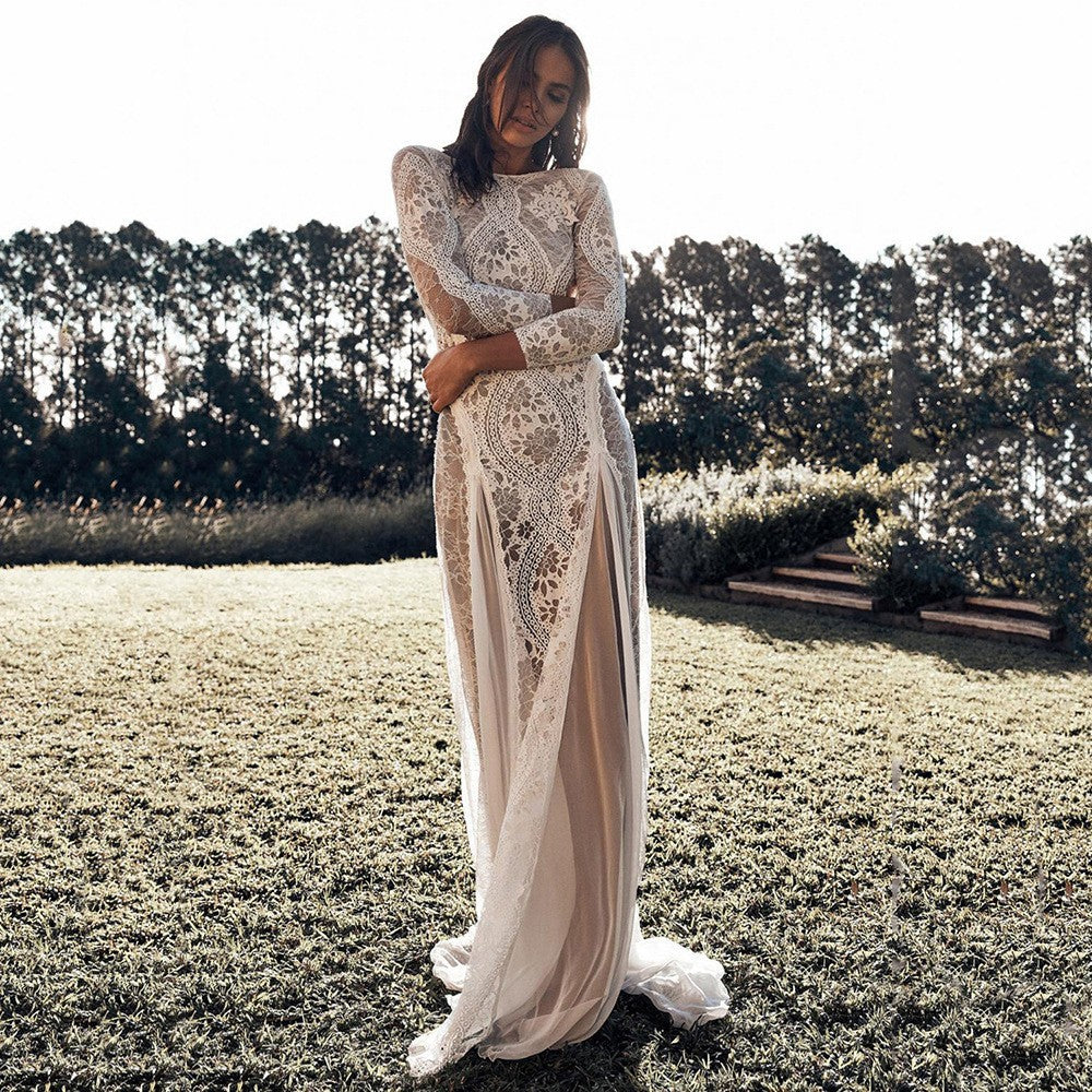 2025 Spring New European and American Women's Celebrity Banquet Wedding Dress Round Neck Long Sleeve Printed Backless Lace Dress