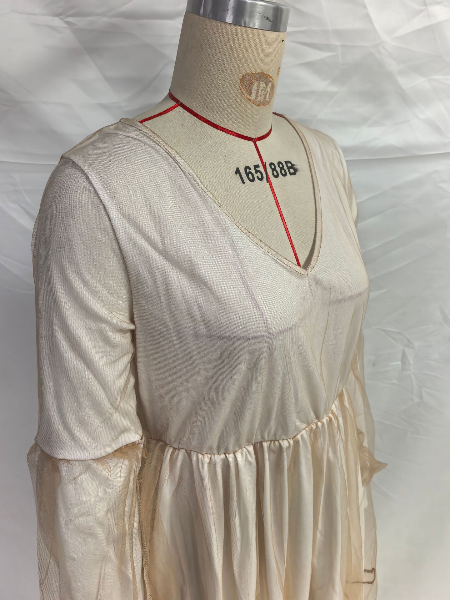 2025 Cross-Border Xia Xin Foreign Trade Amazon European and American Fashion Deep V-Neck Puff Sleeve Mesh See-Through Dress Long Skirt