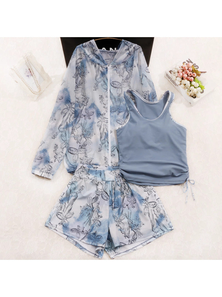 Plus-Size Sports Two-Piece Swimsuit for Women, Three-Piece Set for Curvy Figures, Tummy-Concealing, Slimming, Conservative Student Hot Spring Long-Sleeve Cover-Up