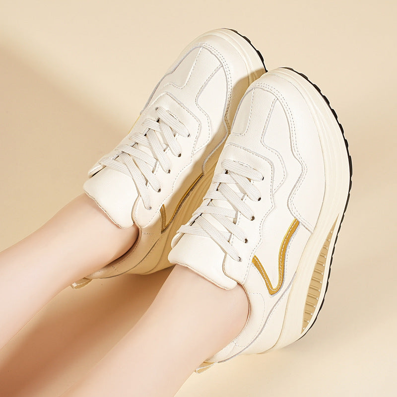 Genuine Leather Casual Sports Shoes, Thick-Soled Rocking Shoes, Height-Increasing Shoes, Sports Shoes, Cross-Border Mom Shoes, Spring and Autumn New Commuter Shoes