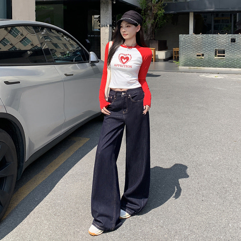 Dark Blue American High-Waisted Wide-Leg Jeans for Women in Autumn and Winter New Style Loose and Slim Straight-Leg Versatile Jeans