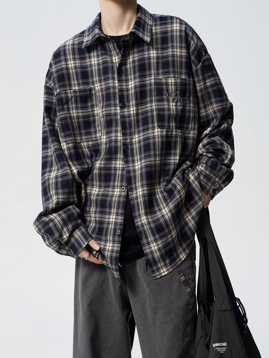 Spring and Autum Cotton Large Size Men's Long-Sleeved Plaid Shirt Men's Trendy American Retro Loose Casual Shirt Jacket