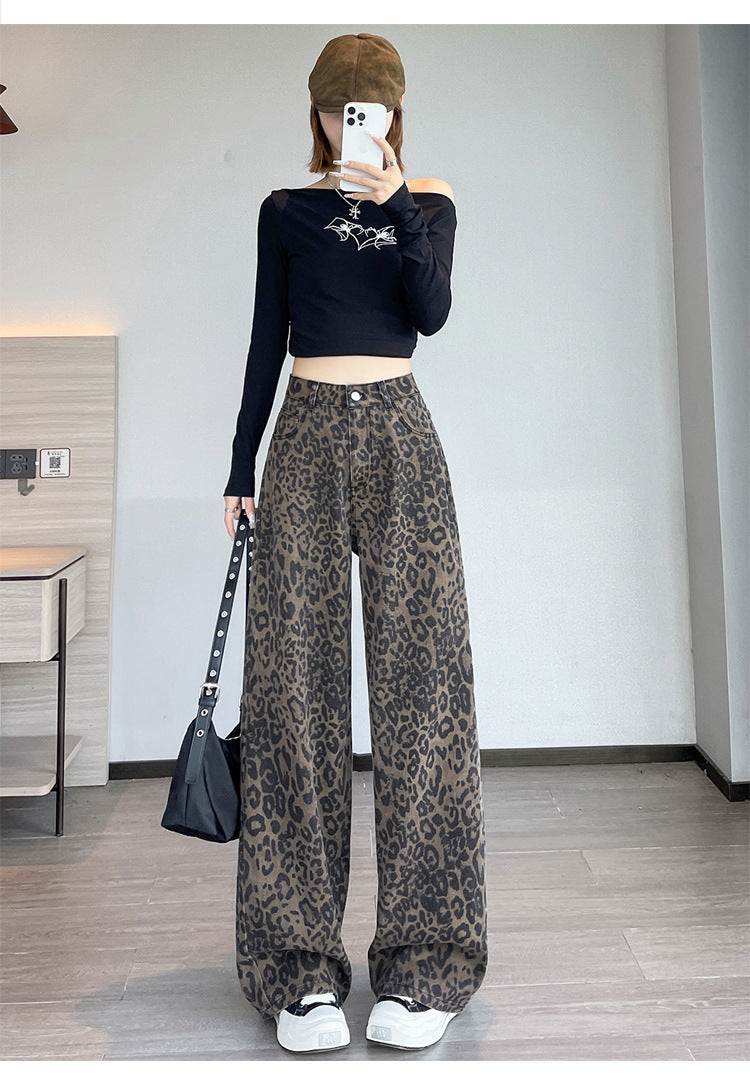 American-Style Leopard Print Work Jeans for Women, Spring and Autumn 2025 New High-Waisted Slimming Straight Narrow Casual Wide-Leg Pants