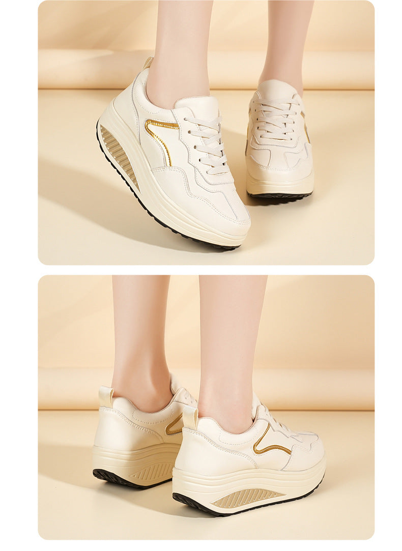 Genuine Leather Casual Sports Shoes, Thick-Soled Rocking Shoes, Height-Increasing Shoes, Sports Shoes, Cross-Border Mom Shoes, Spring and Autumn New Commuter Shoes