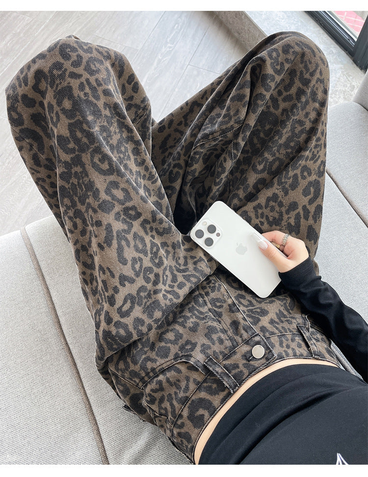 American-Style Leopard Print Work Jeans for Women, Spring and Autumn 2025 New High-Waisted Slimming Straight Narrow Casual Wide-Leg Pants