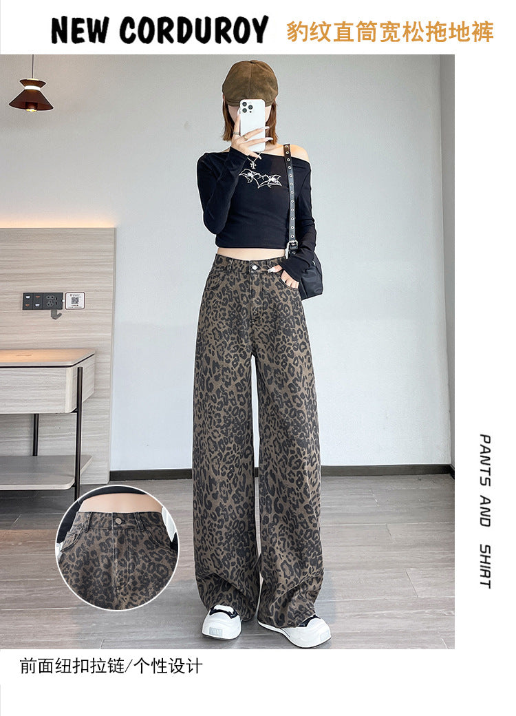 American-Style Leopard Print Work Jeans for Women, Spring and Autumn 2025 New High-Waisted Slimming Straight Narrow Casual Wide-Leg Pants