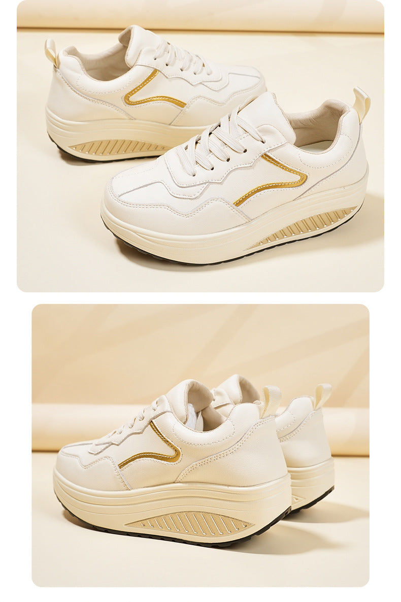 Genuine Leather Casual Sports Shoes, Thick-Soled Rocking Shoes, Height-Increasing Shoes, Sports Shoes, Cross-Border Mom Shoes, Spring and Autumn New Commuter Shoes