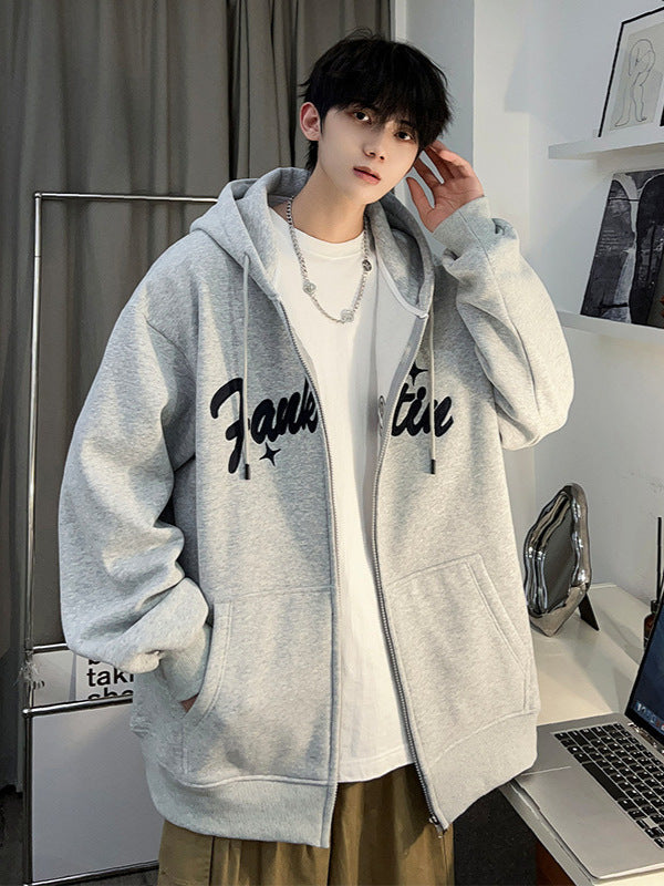 Plus Size Spring and Autumn New Heavy Hooded Cardigan Sweatshirt with Letter Embroidery, Oversized Casual Men's Jacket