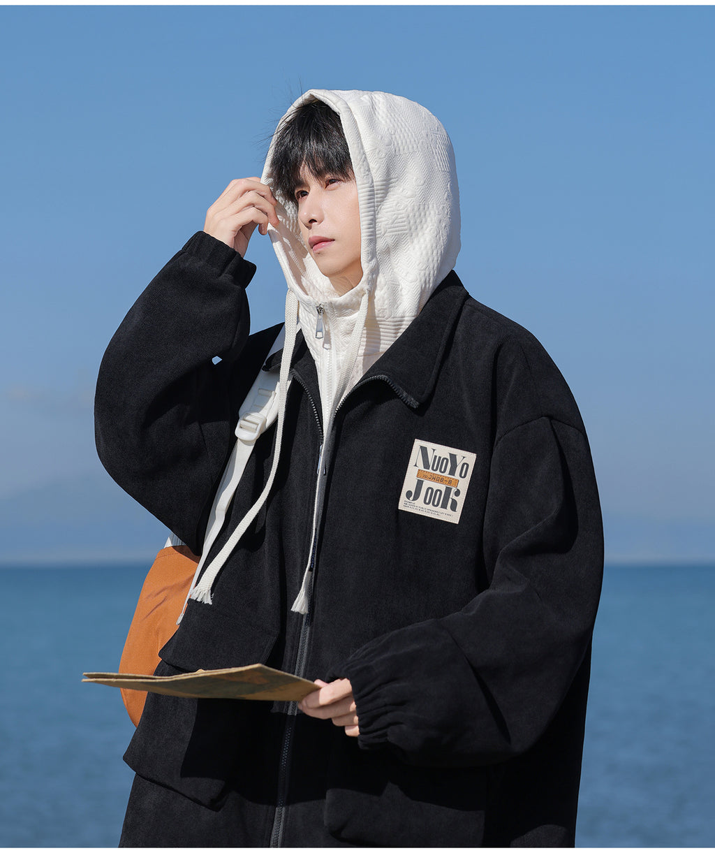 2025 Autumn New Large Size Men's Jackets Fashion Loose Hooded Fake Two-Piece Jackets Trendy Label Tops for Men
