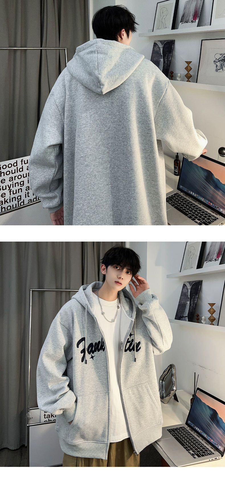 Plus Size Spring and Autumn New Heavy Hooded Cardigan Sweatshirt with Letter Embroidery, Oversized Casual Men's Jacket