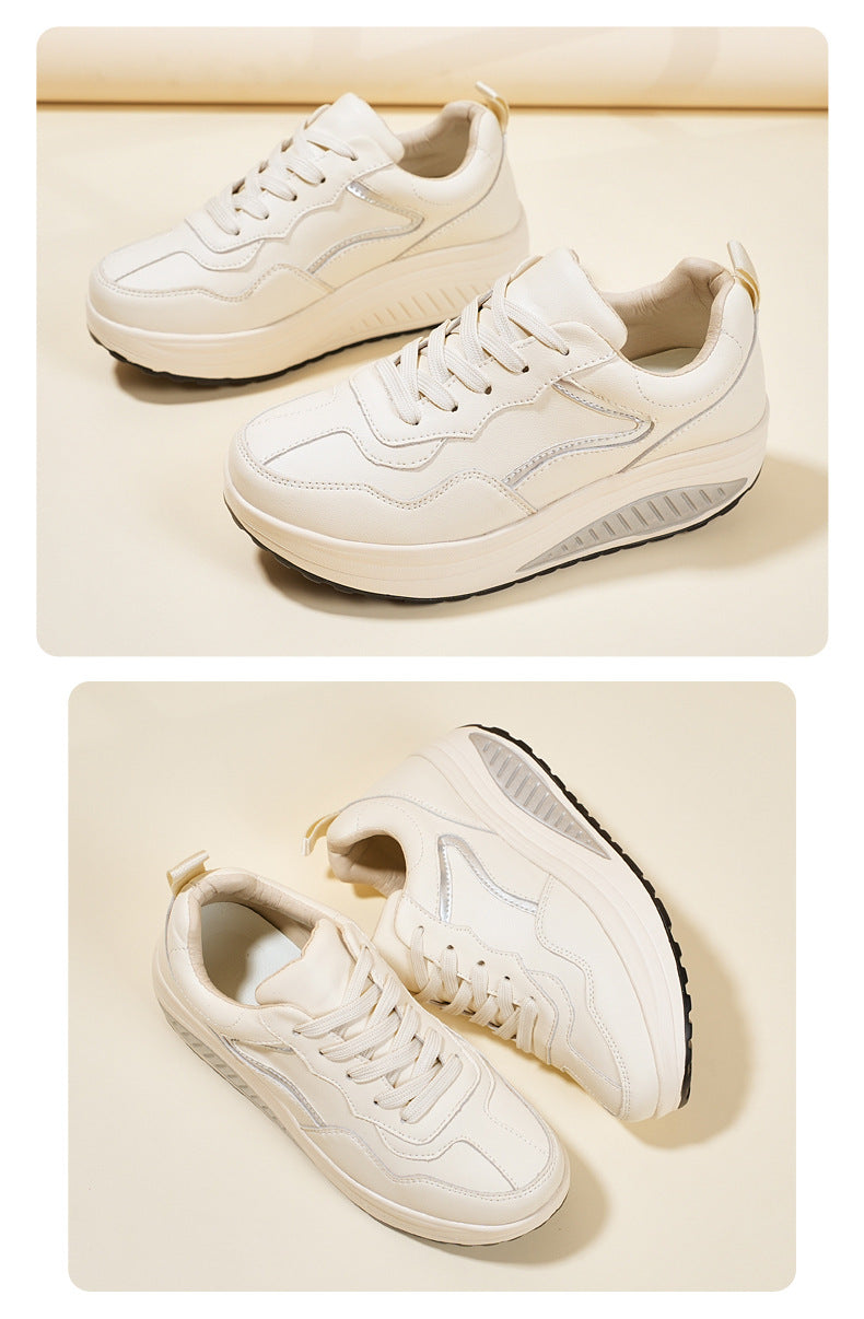 Genuine Leather Casual Sports Shoes, Thick-Soled Rocking Shoes, Height-Increasing Shoes, Sports Shoes, Cross-Border Mom Shoes, Spring and Autumn New Commuter Shoes