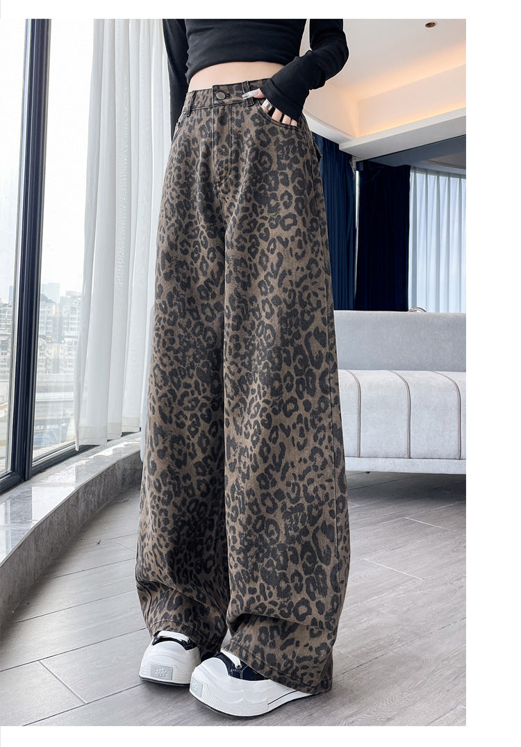 American-Style Leopard Print Work Jeans for Women, Spring and Autumn 2025 New High-Waisted Slimming Straight Narrow Casual Wide-Leg Pants