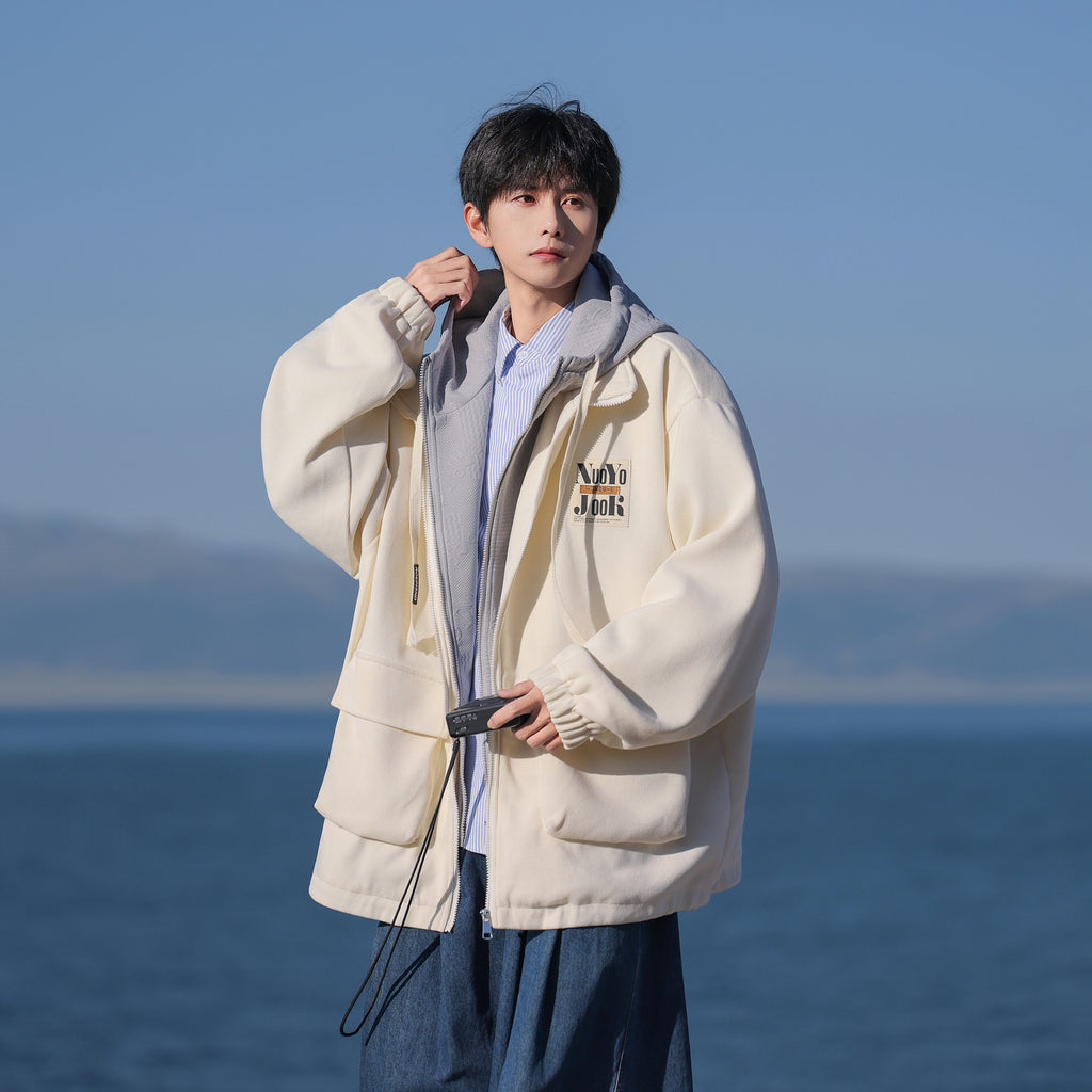 2025 Autumn New Large Size Men's Jackets Fashion Loose Hooded Fake Two-Piece Jackets Trendy Label Tops for Men