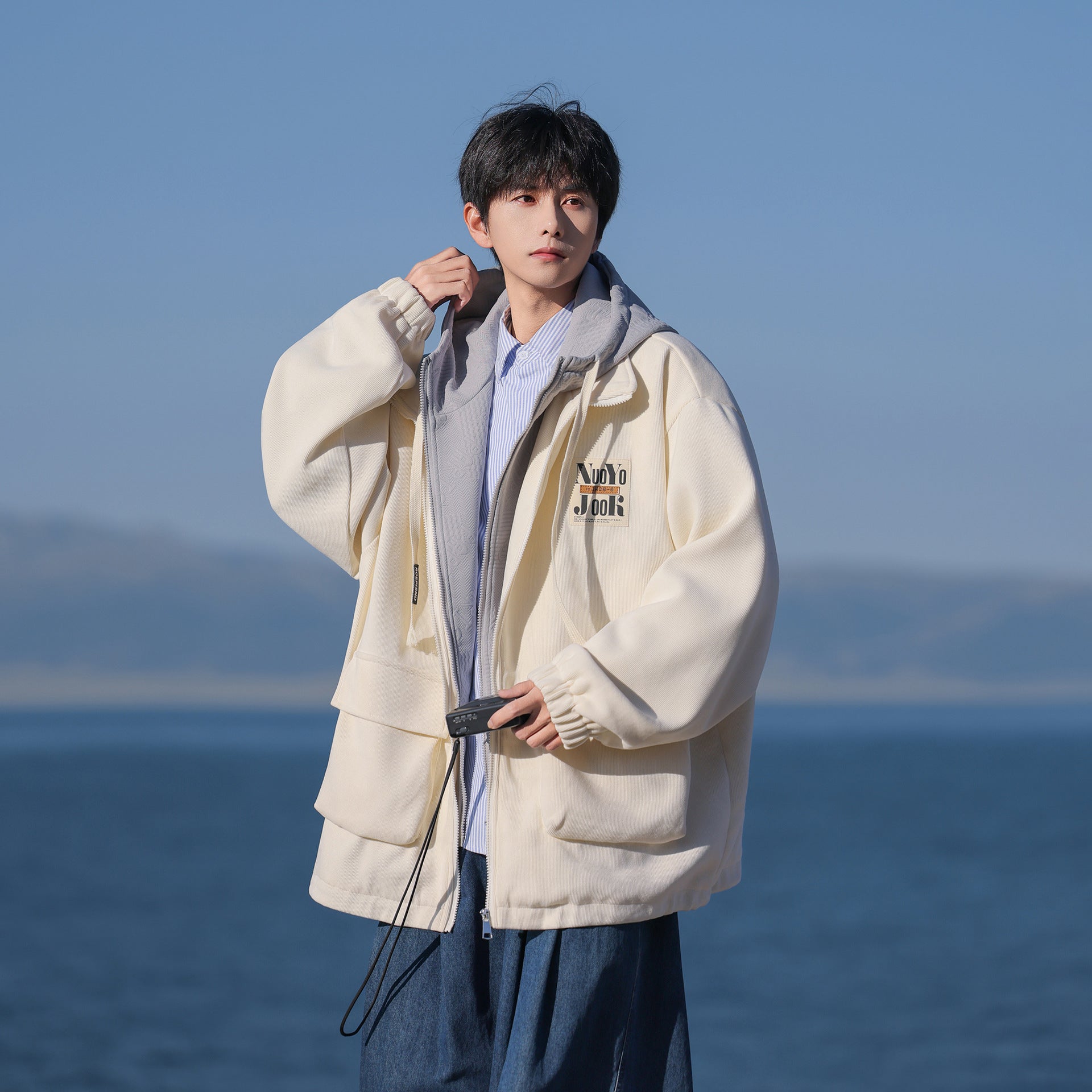 2025 Autumn New Large Size Men's Jackets Fashion Loose Hooded Fake Two-Piece Jackets Trendy Label Tops for Men