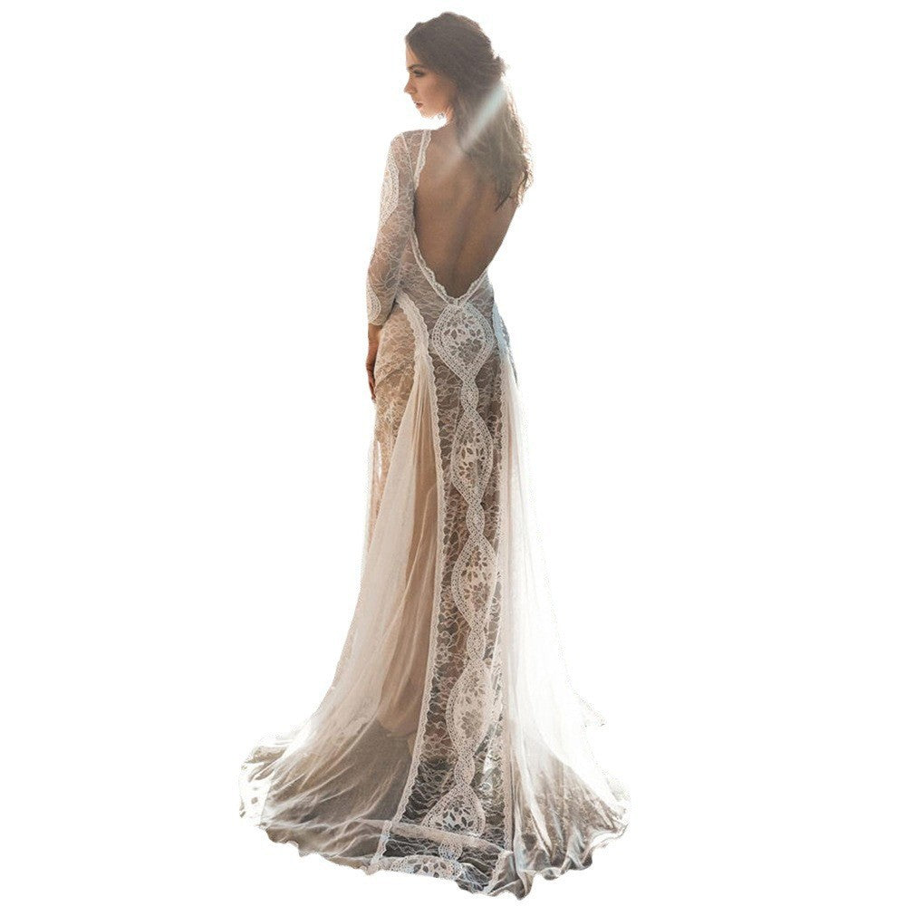 2025 Spring New European and American Women's Celebrity Banquet Wedding Dress Round Neck Long Sleeve Printed Backless Lace Dress