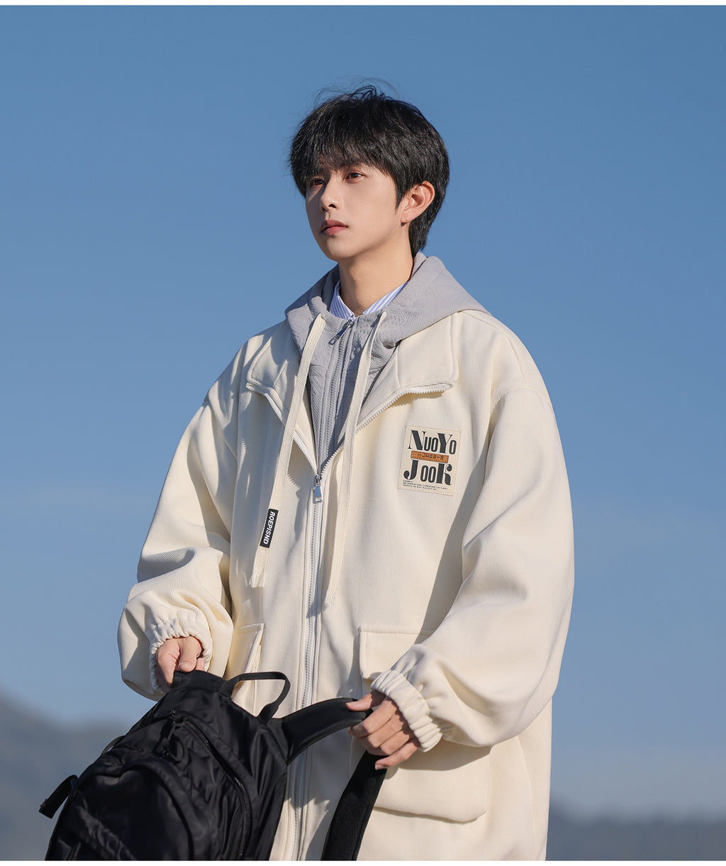 2025 Autumn New Large Size Men's Jackets Fashion Loose Hooded Fake Two-Piece Jackets Trendy Label Tops for Men