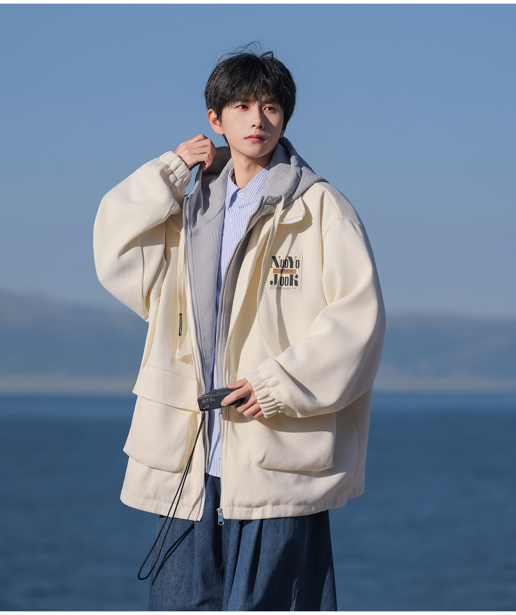 2025 Autumn New Large Size Men's Jackets Fashion Loose Hooded Fake Two-Piece Jackets Trendy Label Tops for Men