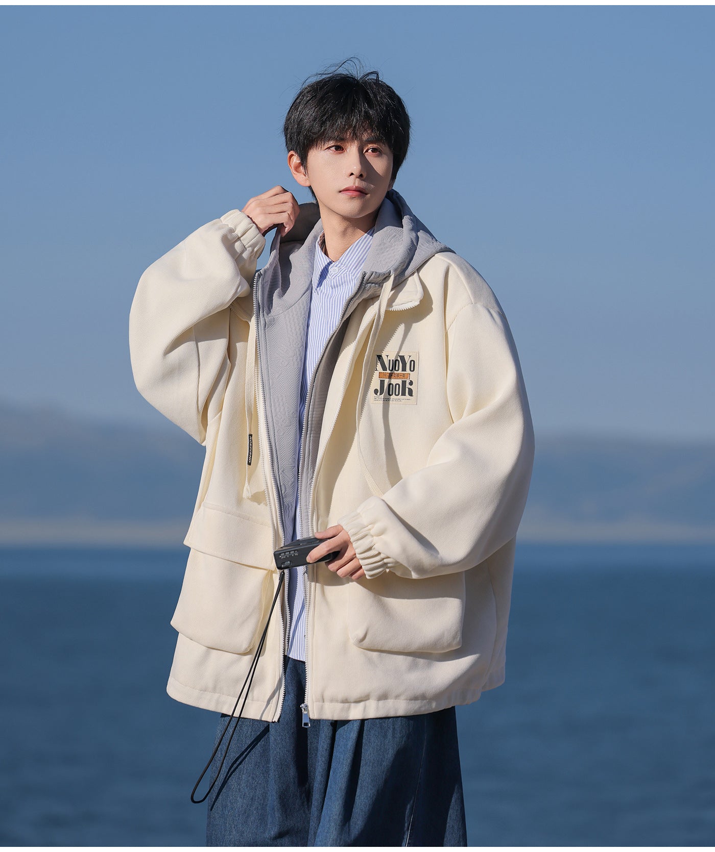 2025 Autumn New Large Size Men's Jackets Fashion Loose Hooded Fake Two-Piece Jackets Trendy Label Tops for Men