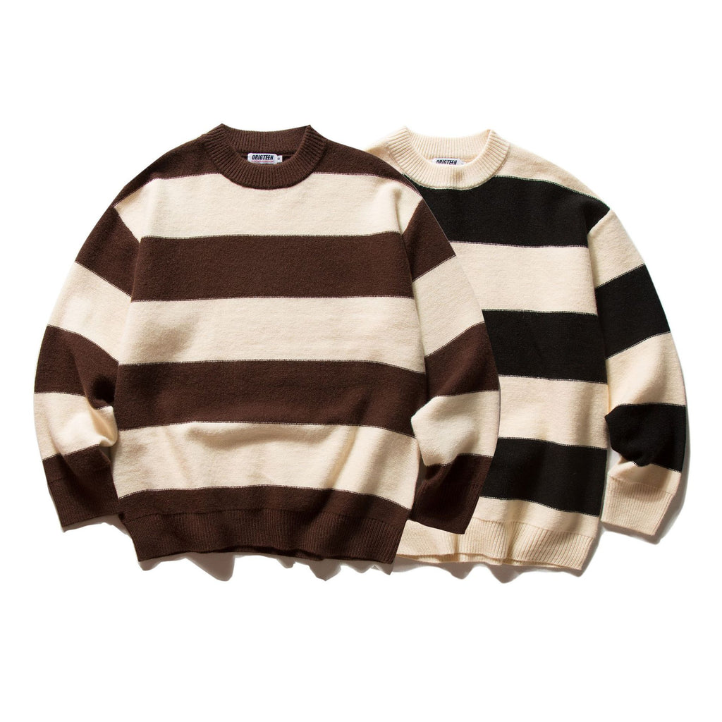Mr. Song's Cross-Border Japanese Style Trendy Thick Striped Pullover Crew Neck Sweater Retro Color-Blocking Couple Knitwear for Men and Women