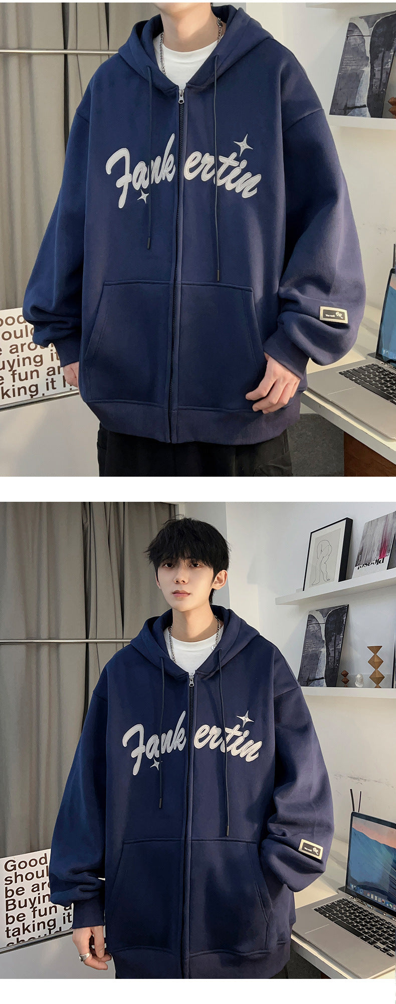 Plus Size Spring and Autumn New Heavy Hooded Cardigan Sweatshirt with Letter Embroidery, Oversized Casual Men's Jacket