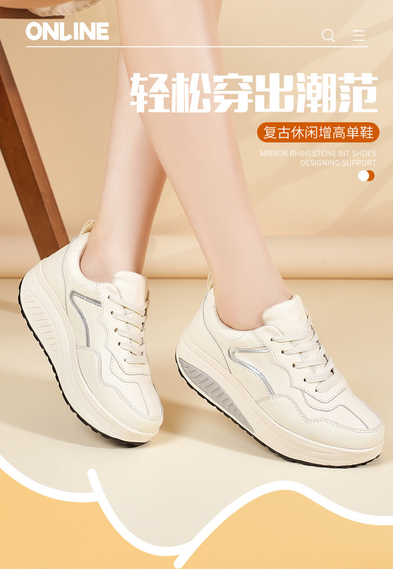 Genuine Leather Casual Sports Shoes, Thick-Soled Rocking Shoes, Height-Increasing Shoes, Sports Shoes, Cross-Border Mom Shoes, Spring and Autumn New Commuter Shoes