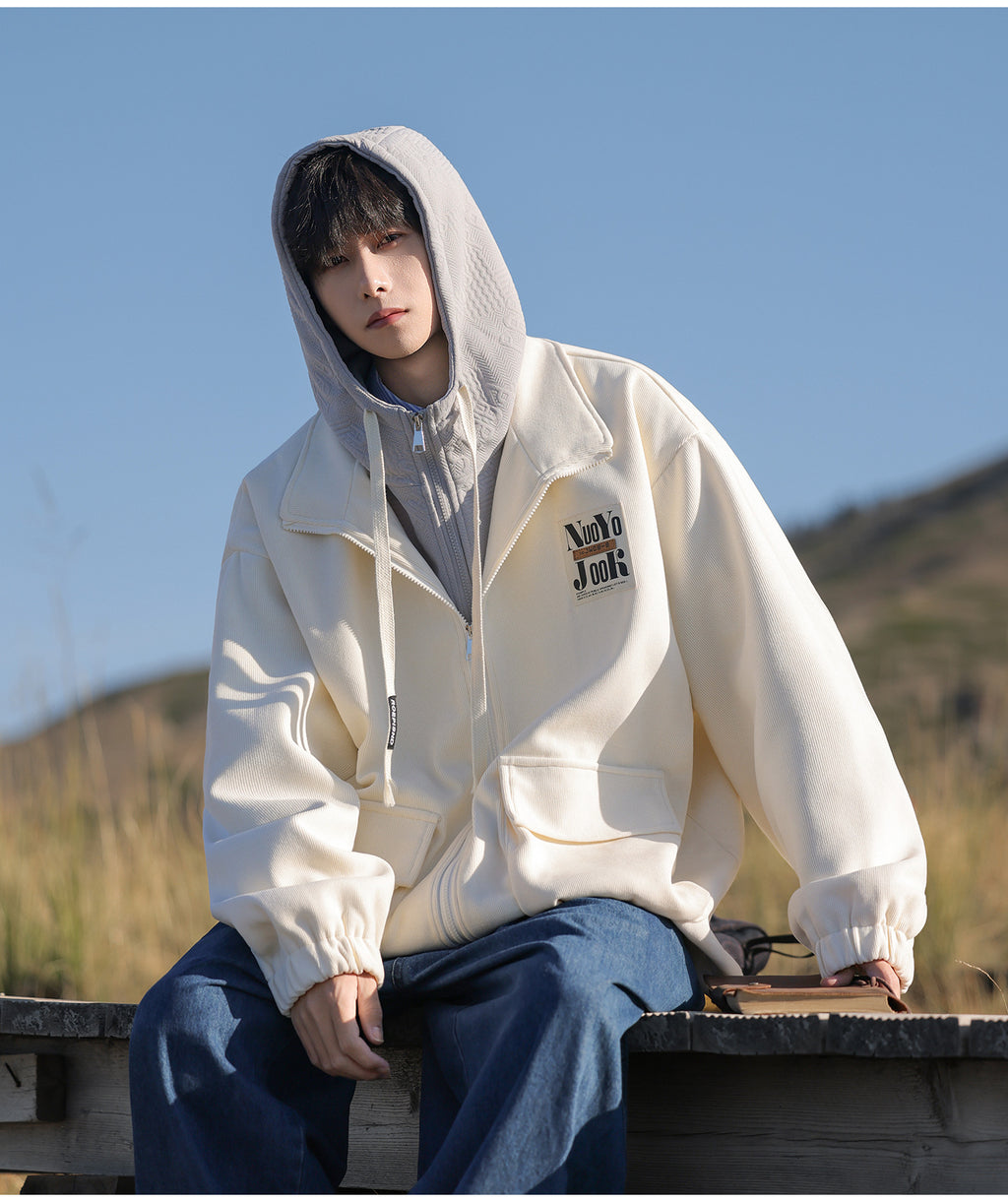 2025 Autumn New Large Size Men's Jackets Fashion Loose Hooded Fake Two-Piece Jackets Trendy Label Tops for Men