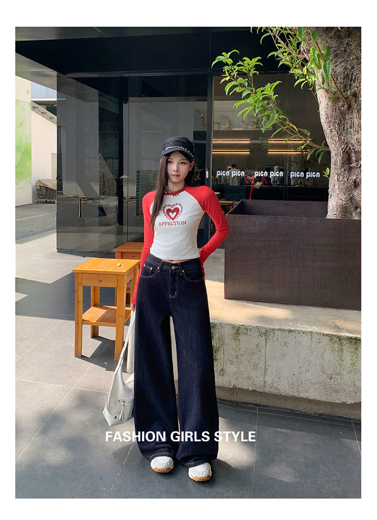 Dark Blue American High-Waisted Wide-Leg Jeans for Women in Autumn and Winter New Style Loose and Slim Straight-Leg Versatile Jeans