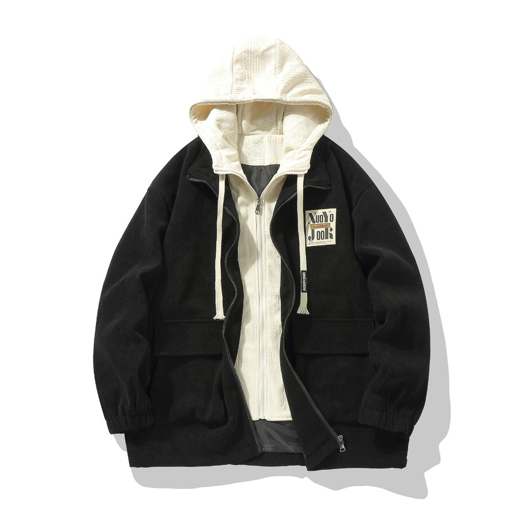 2025 Autumn New Large Size Men's Jackets Fashion Loose Hooded Fake Two-Piece Jackets Trendy Label Tops for Men
