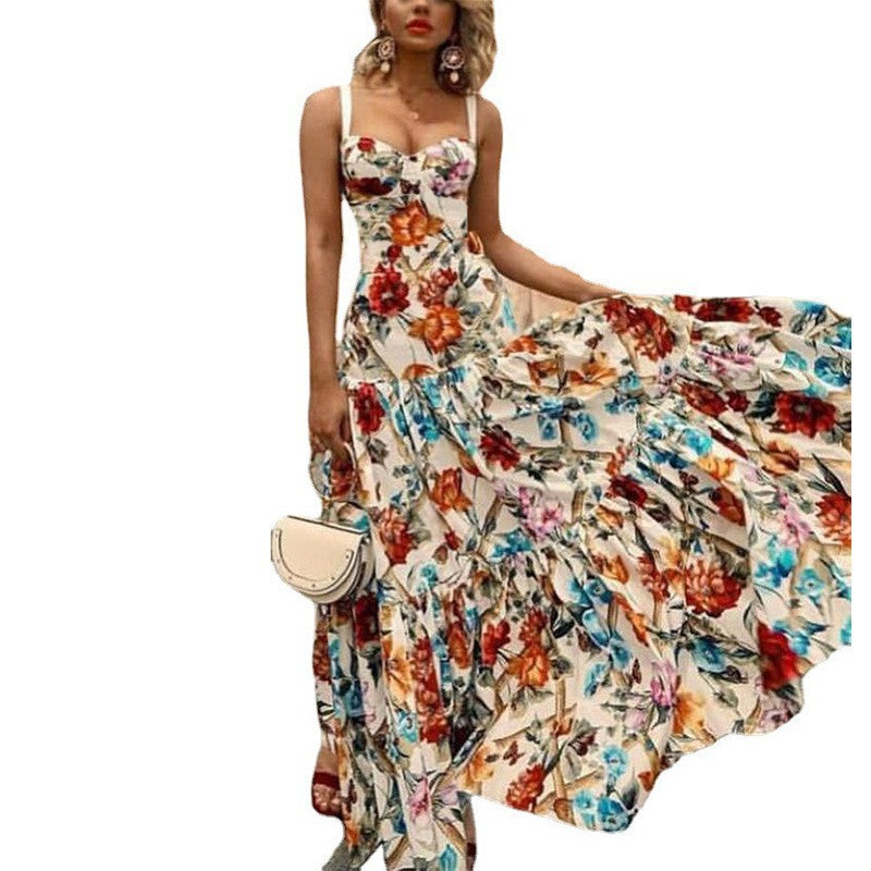 2025 Summer European and American Export New Women's Clothing Wish Amazon Sexy Sleeveless Suspender Long Skirt Printed Dress