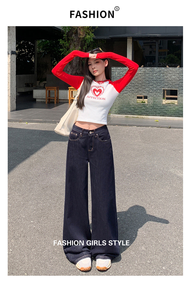 Dark Blue American High-Waisted Wide-Leg Jeans for Women in Autumn and Winter New Style Loose and Slim Straight-Leg Versatile Jeans
