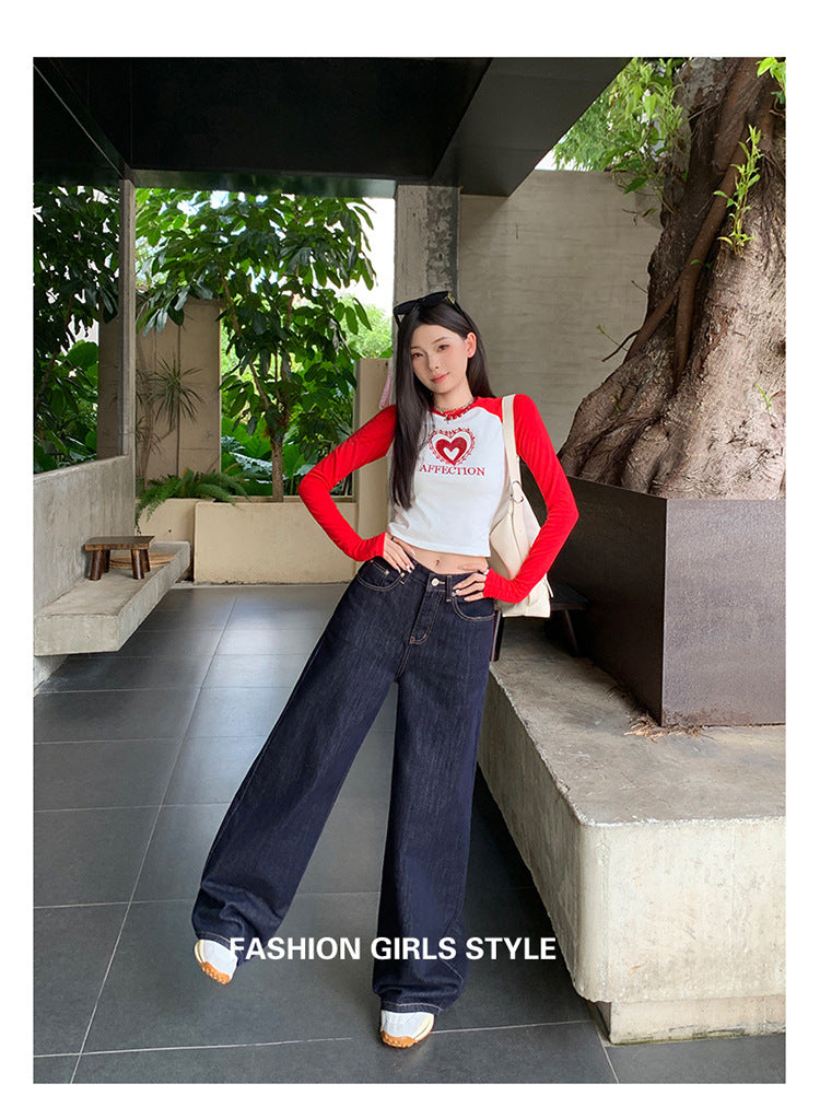 Dark Blue American High-Waisted Wide-Leg Jeans for Women in Autumn and Winter New Style Loose and Slim Straight-Leg Versatile Jeans